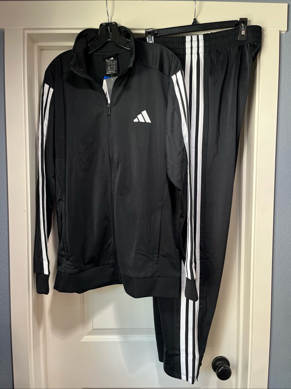 Mens Large Adidas 3 Stripe Tricot Track Jacket And Pant Black White Set Suit